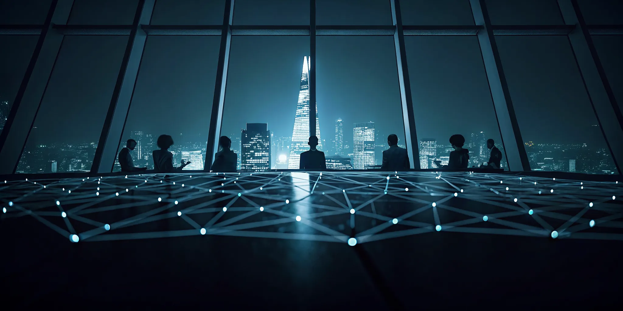 AI automation for enterprises in London, featuring a business team and a digital city network.