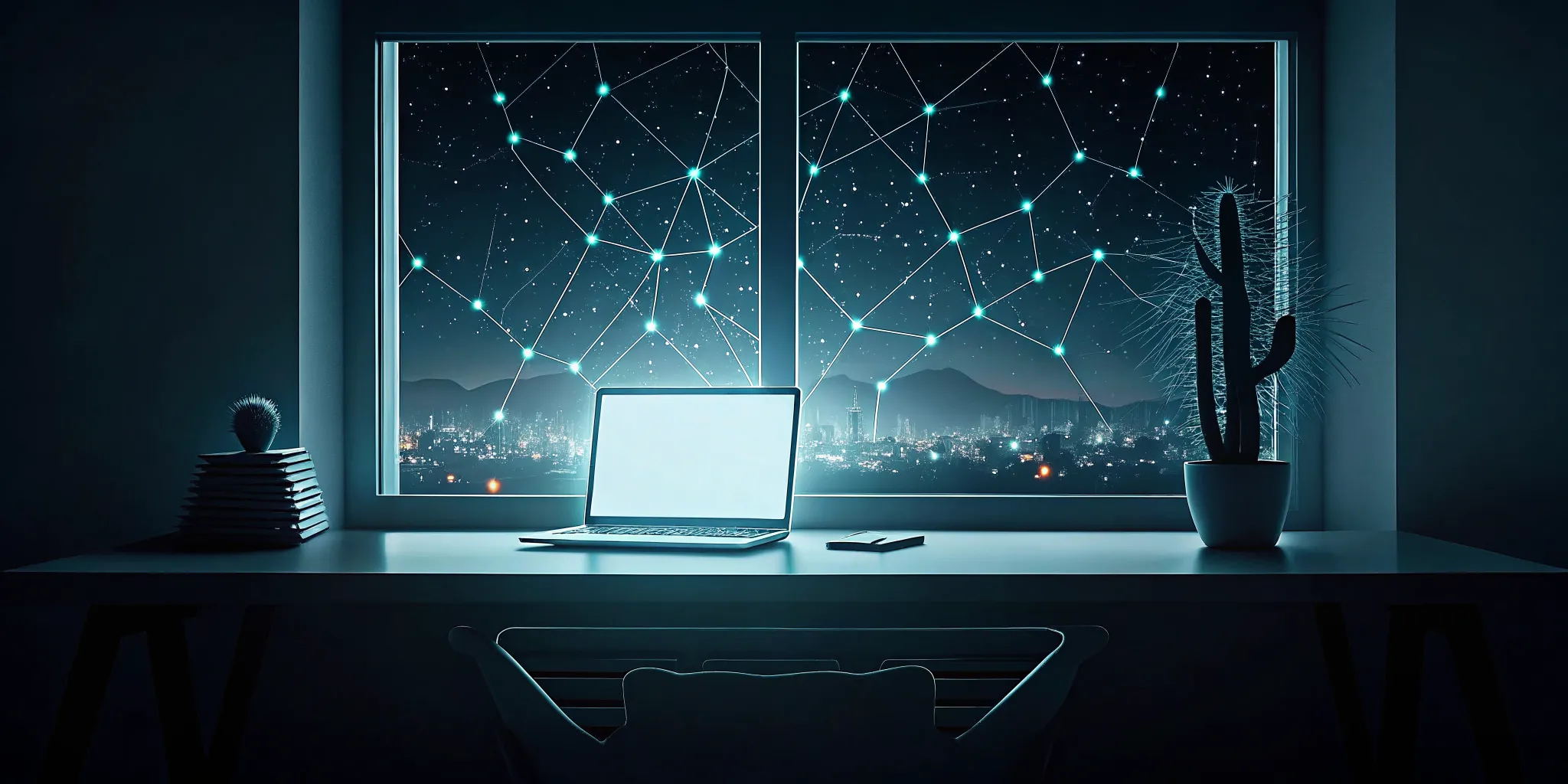 A laptop showing AI automation network connections over the Phoenix city skyline.