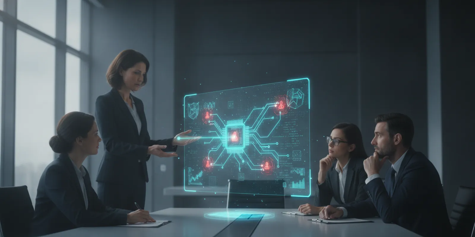 Security leader presenting a risk roadmap to executives in a modern conference room