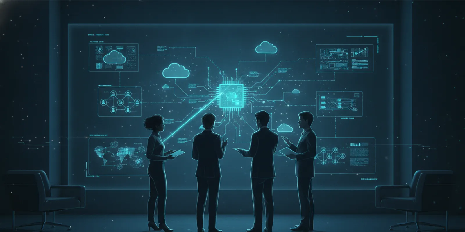 Cybersecurity team reviewing a zero trust architecture map across cloud, identity, and network systems