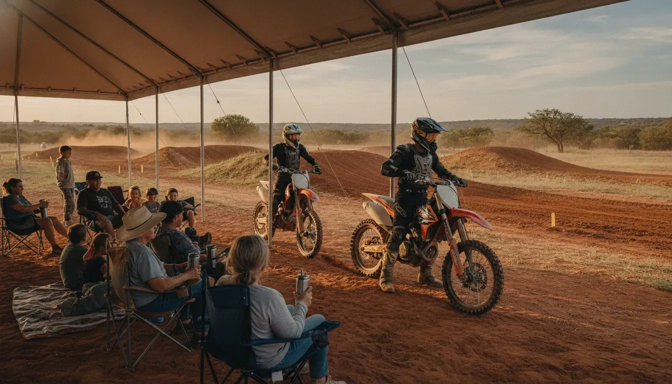 Family watching dirt-bike riders from covered seating at a Texas motocross destination