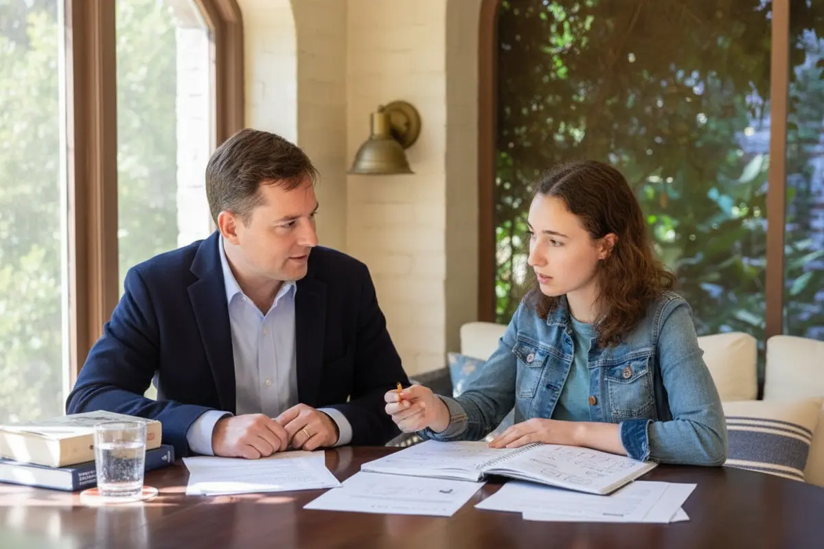 A tutor listens while a student explains a homework question