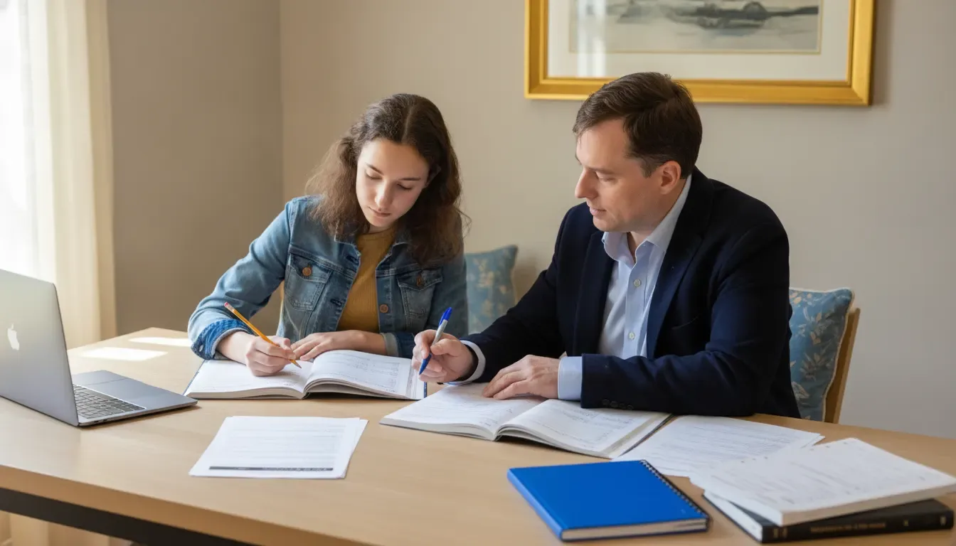 Tutor reviewing ACT and SAT practice-test performance with a student