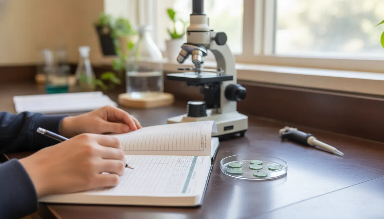 AP Biology lab notebook beside a microscope and an evidence-based data investigation