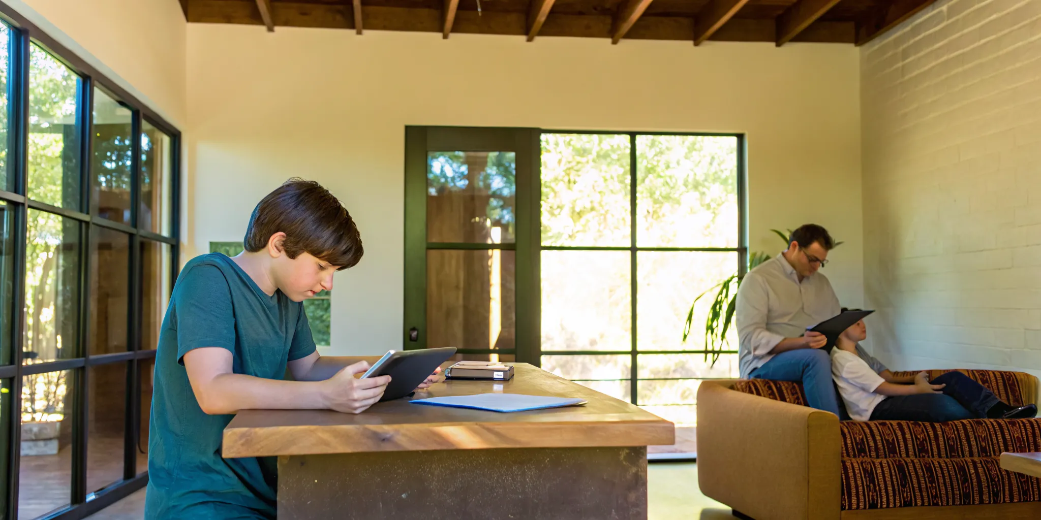Student working on advanced math problems on a tablet with adaptive learning software displaying personalized problem sets