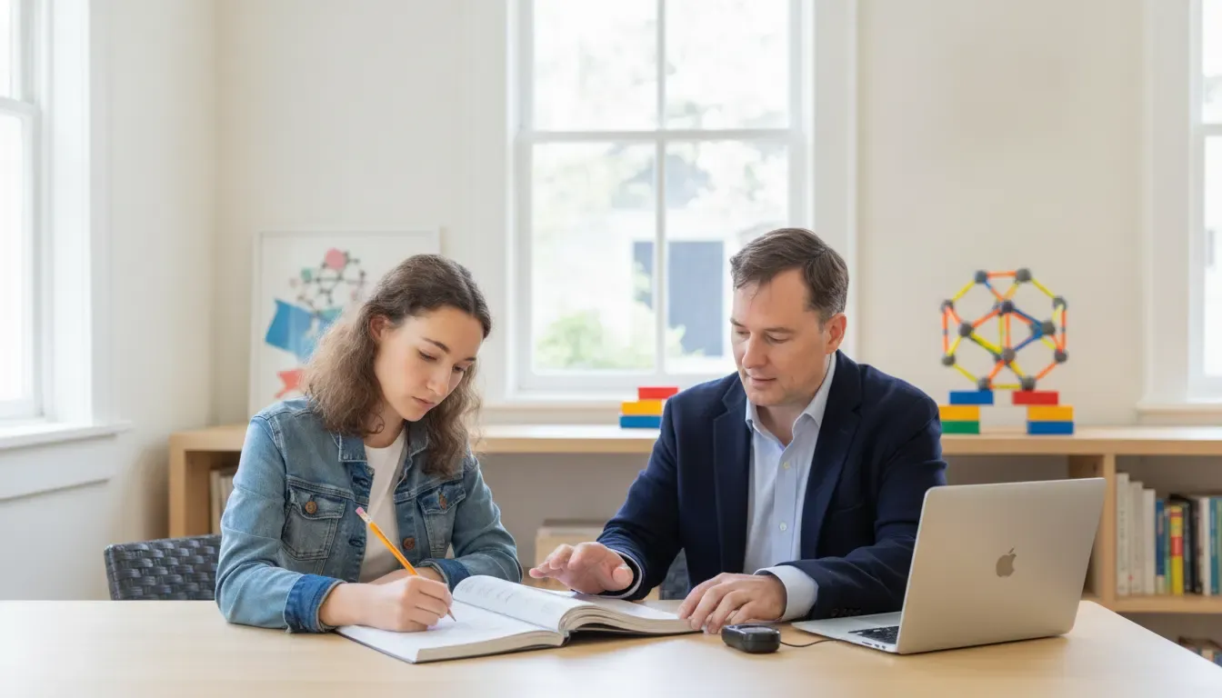 Adult learner and tutor reviewing a GMAT practice test plan