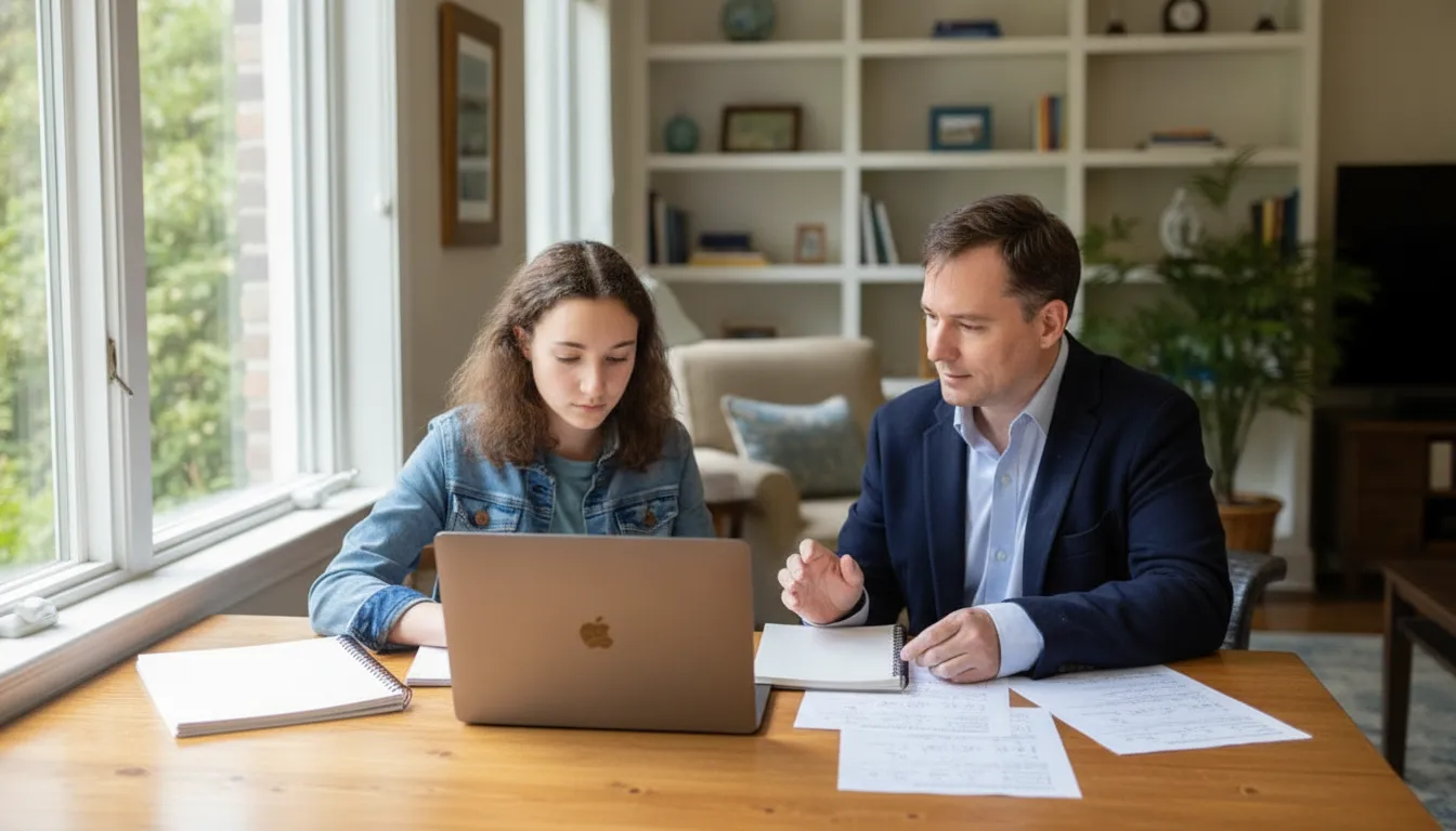 A focused student reviewing Digital SAT practice on a laptop beside a notebook