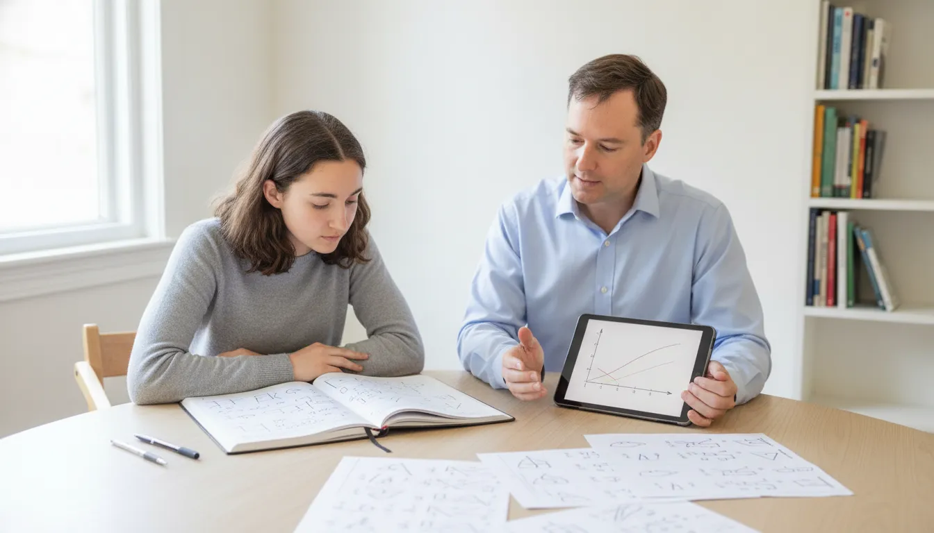 A student and a tutor reviewing a math problem set together at a bright study table