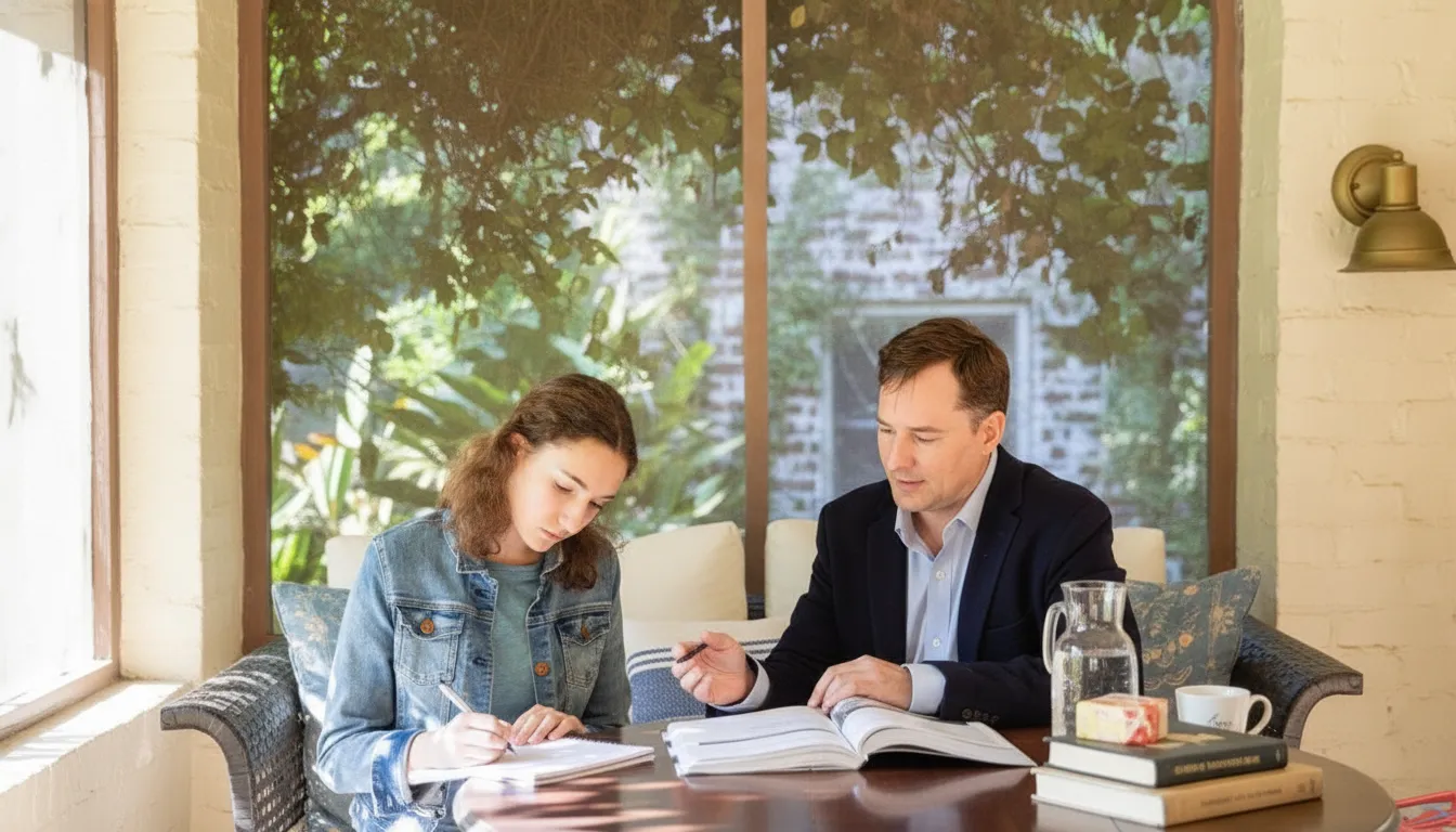 Pre-med student reviewing adaptive MCAT study tools with a private tutor