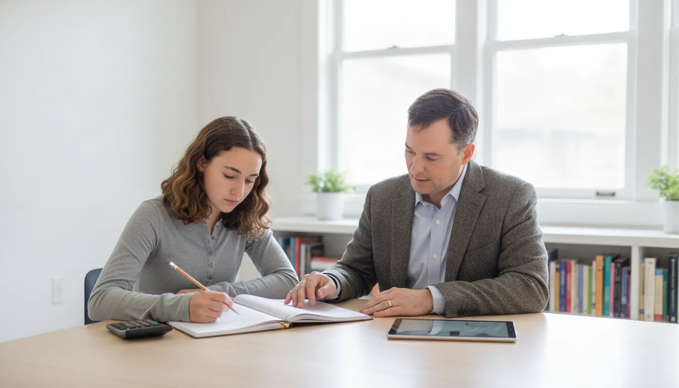 Student reviewing ACT practice questions with a tutor at a bright study table