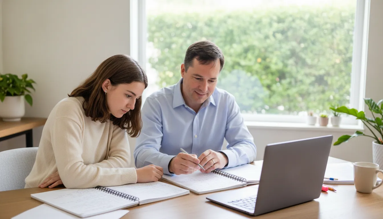 Student reviewing digital SAT practice results and planning a study session at a desk