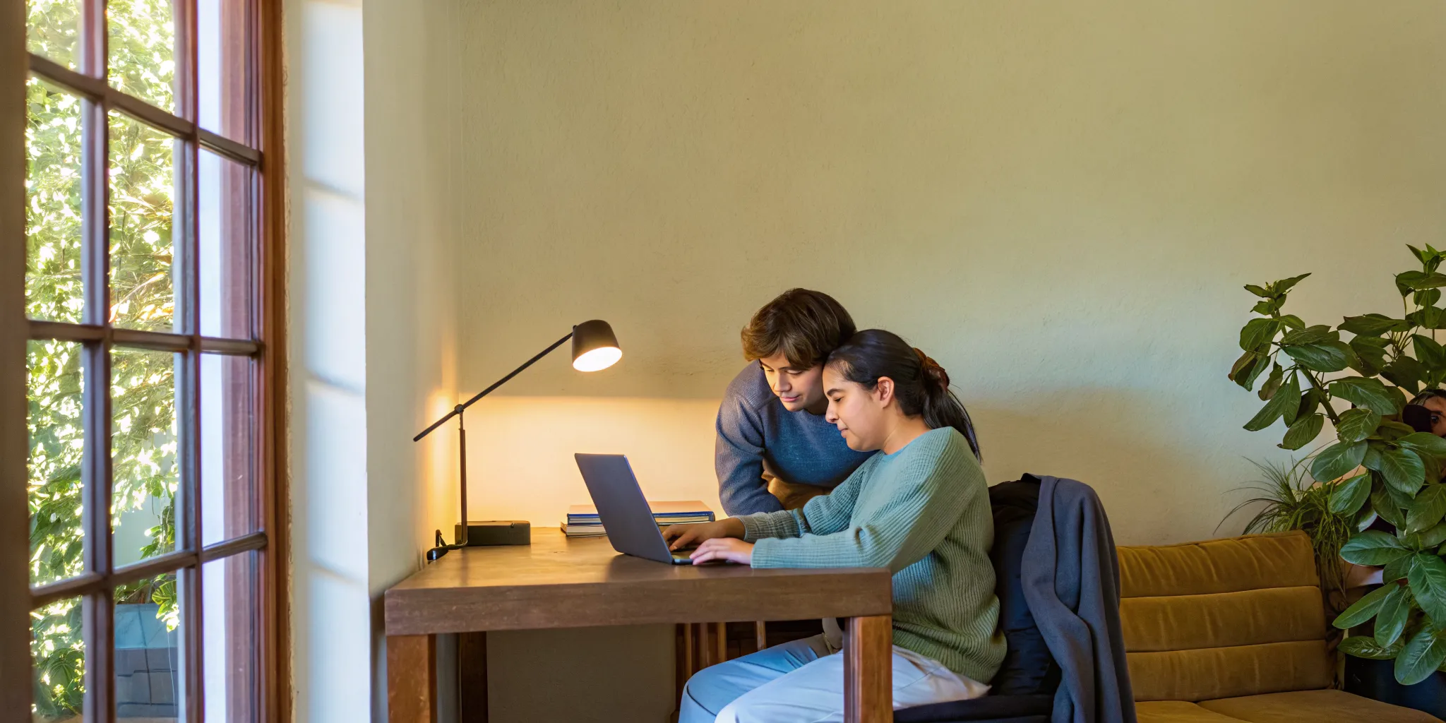 Houston student studying SAT prep on a laptop in a bright home study space with a parent nearby