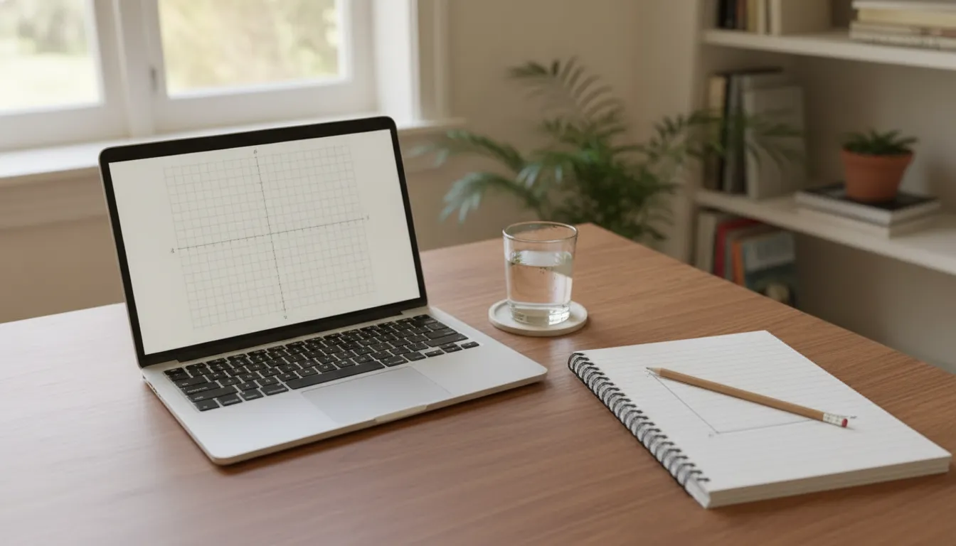 A laptop and notebook set up for an online math lesson, with a graph and an unlabeled triangle