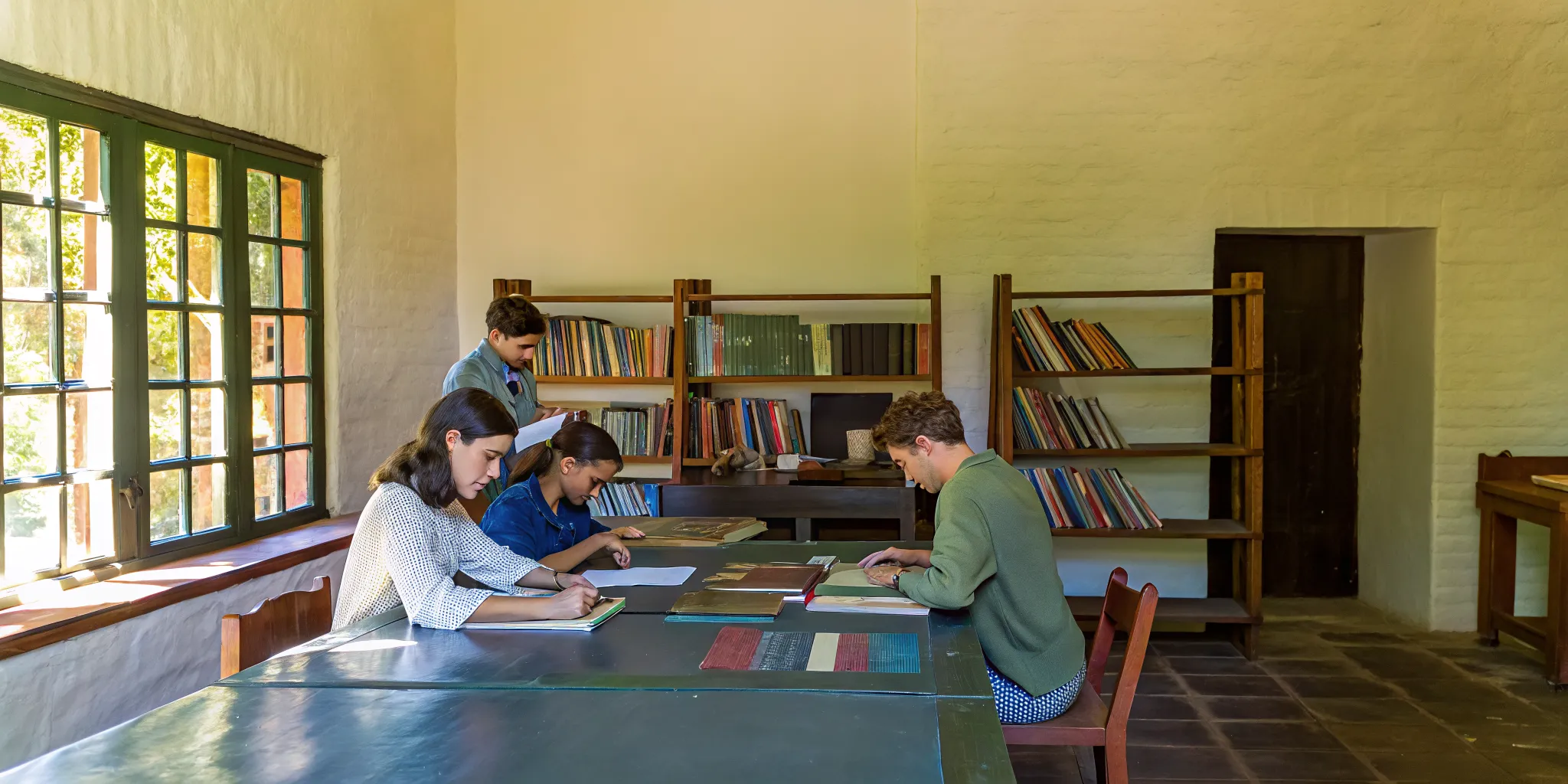 Students collaborating on academic enrichment activities in a bright study space
