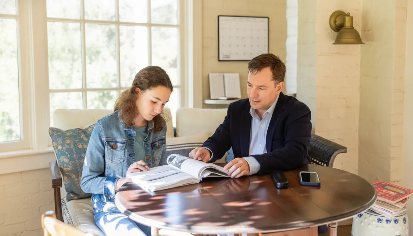 A parent and student planning a tutoring study schedule and monthly budget at home