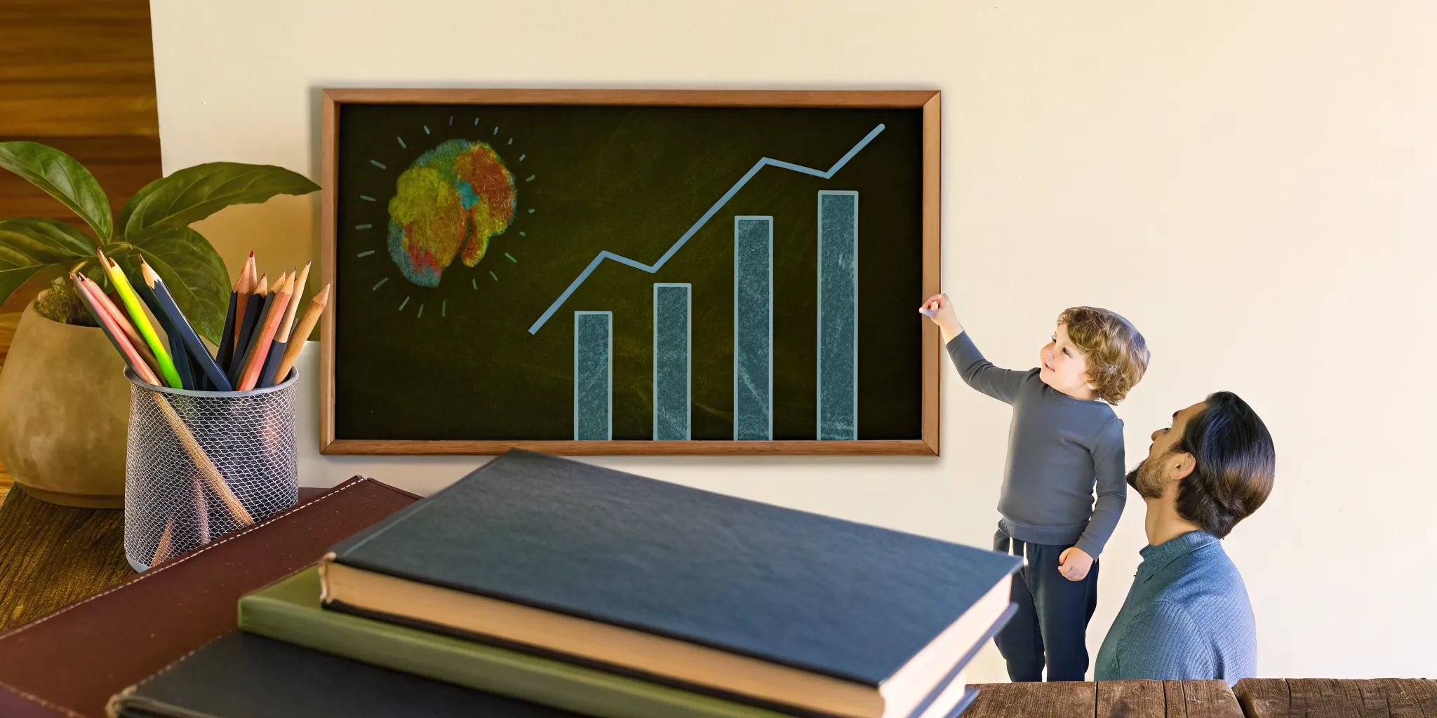 Child's brain strengthening with summer tutoring, showing upward graph trajectory with books and pencils illustration