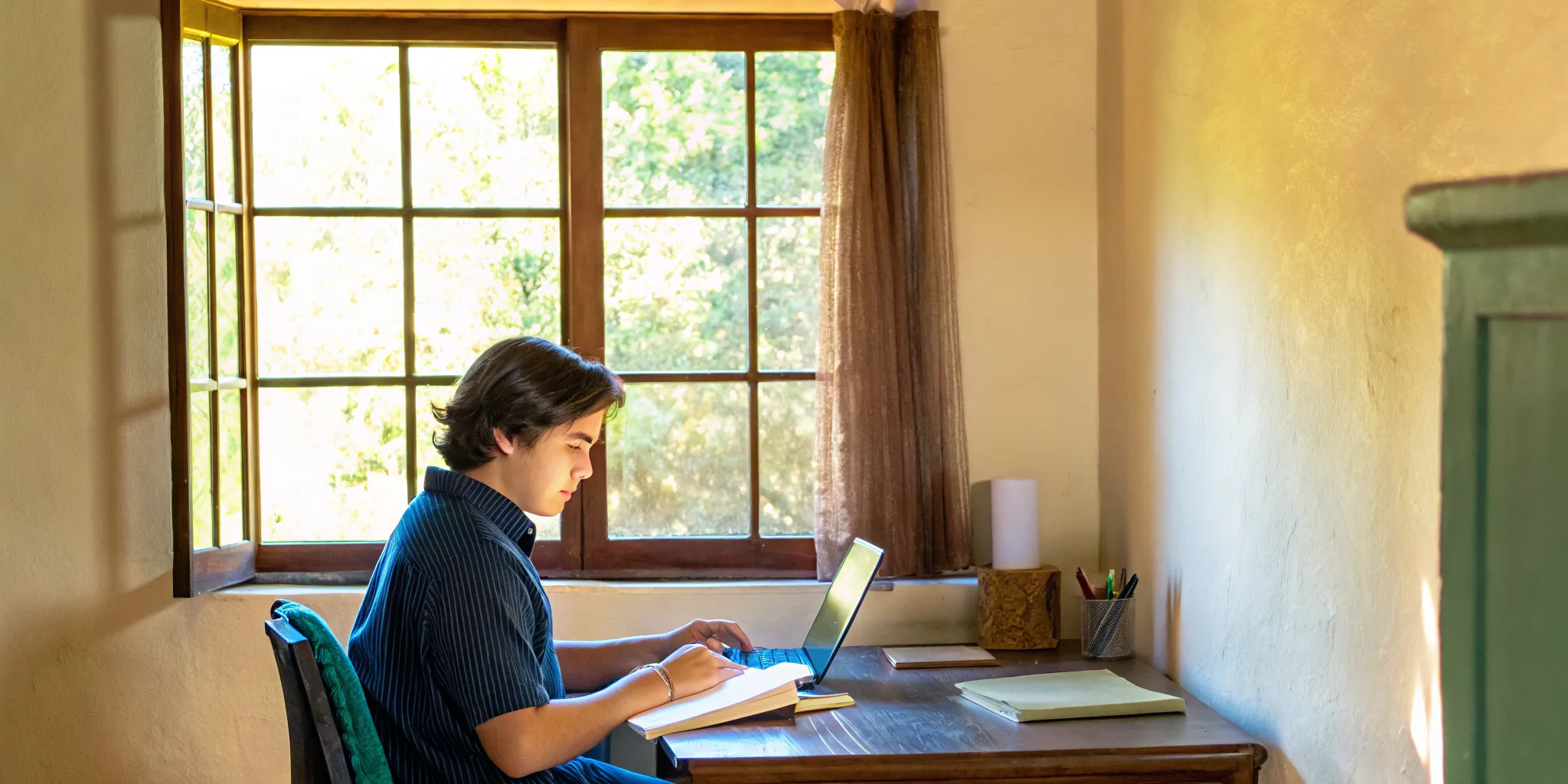 A student studying with SSAT preparation materials in a bright home study space
