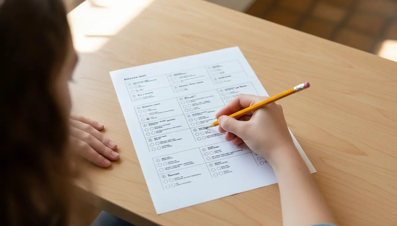 Overhead view of a student marking a multiple-choice practice page with a pencil