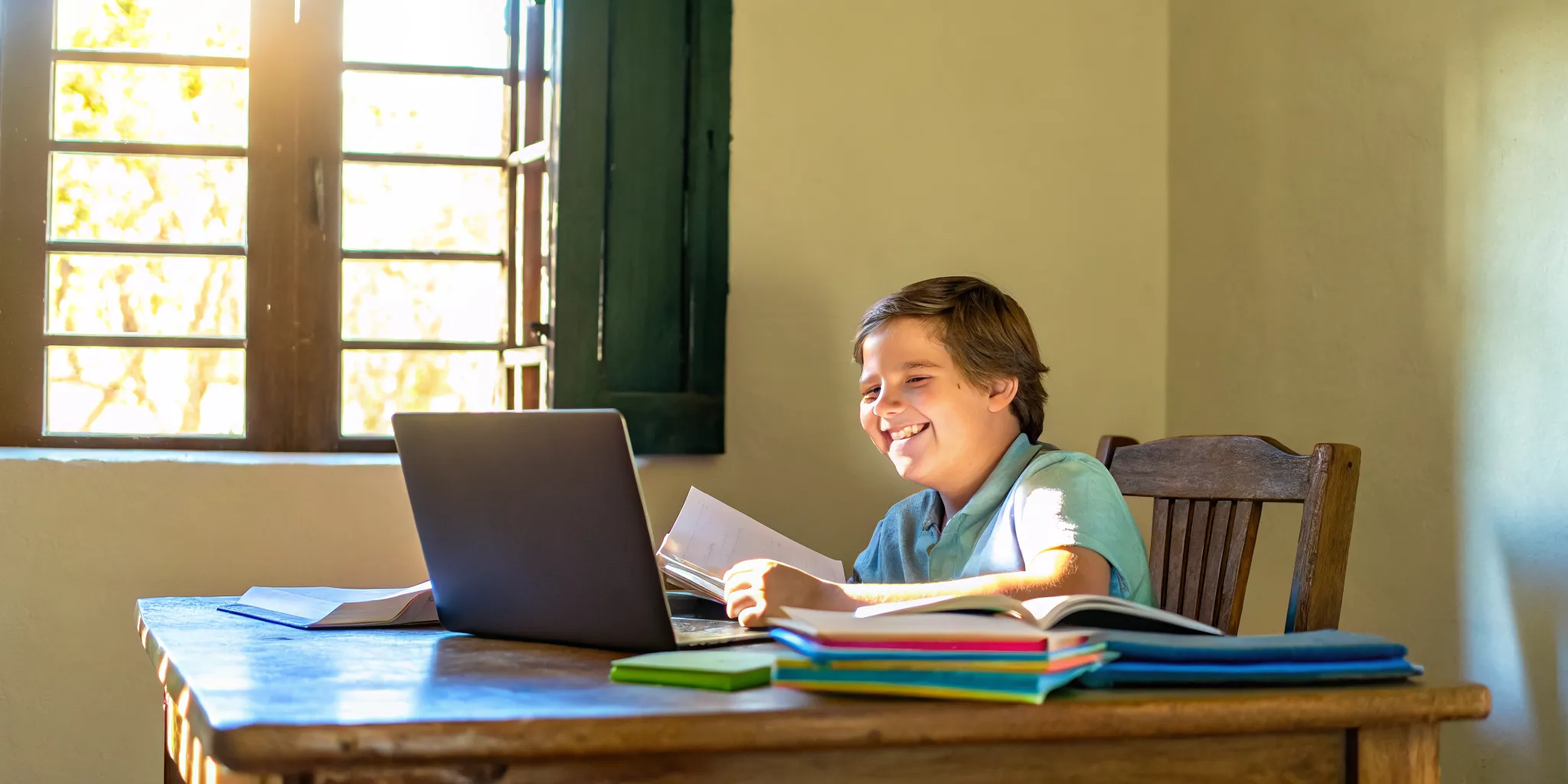 A student working on a laptop with tutoring materials during a summer learning session