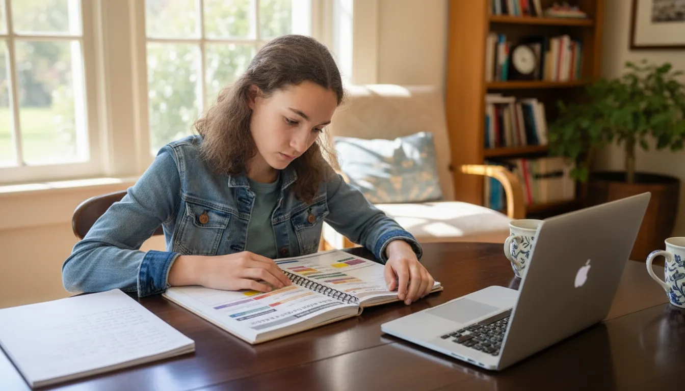 A 12-week Upper Level SSAT study timeline planner with a student reviewing a week-by-week preparation schedule