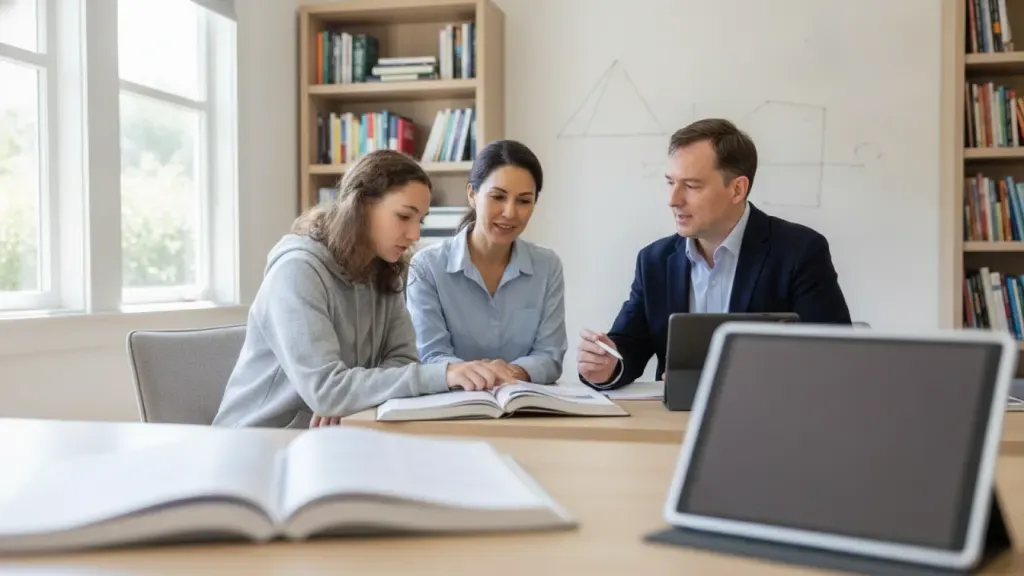 Parent, student, and tutor discussing a personalized PSAT preparation plan