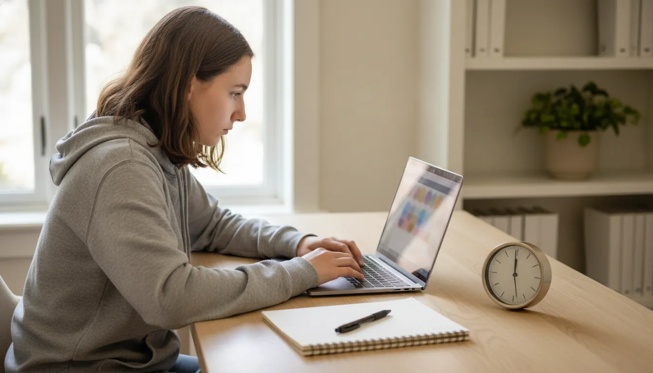 Student using a visible clock while working through a timed Reading and Writing practice set on a laptop