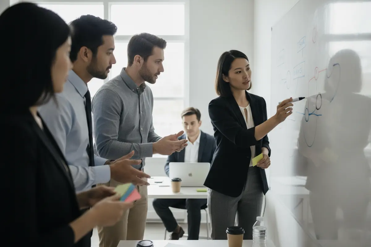 Cross-functional team mapping security program roles and follow-up steps on a planning board