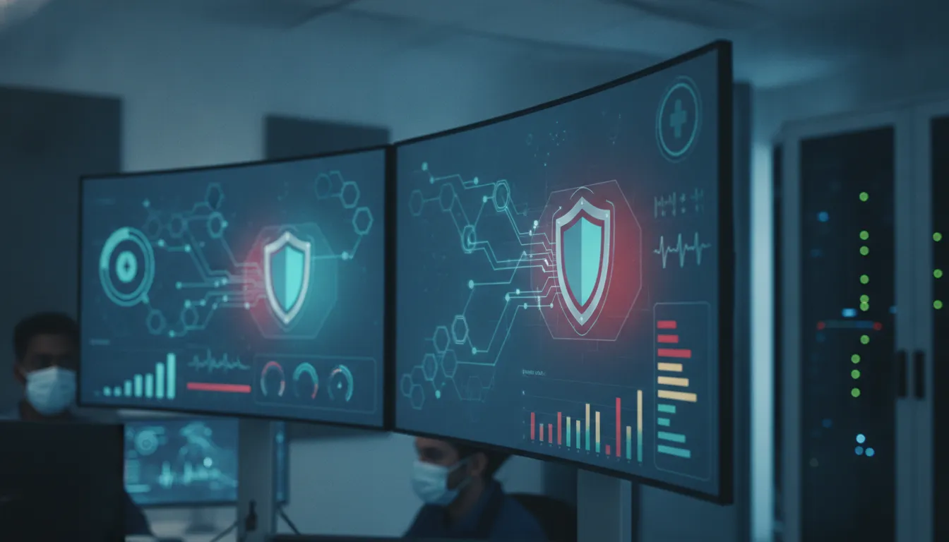 Cybersecurity dashboard visualizing human risk indicators and threat signals in a secure healthcare facility