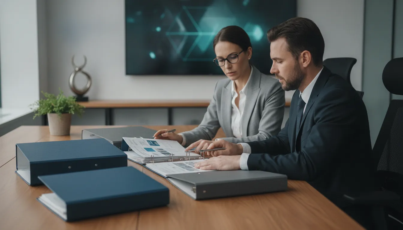 Compliance officer and security leader reviewing training evidence together in a modern office