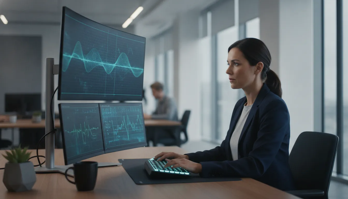 Security operations analyst reviewing live training and risk signal feeds on a monitor to evaluate a cybersecurity training platform API