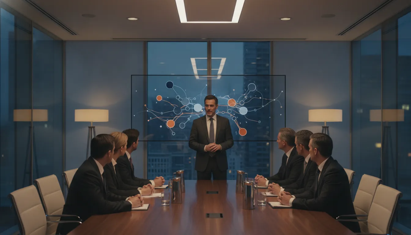 Corporate board members discussing strategic security risks and human risk reporting in a modern conference room