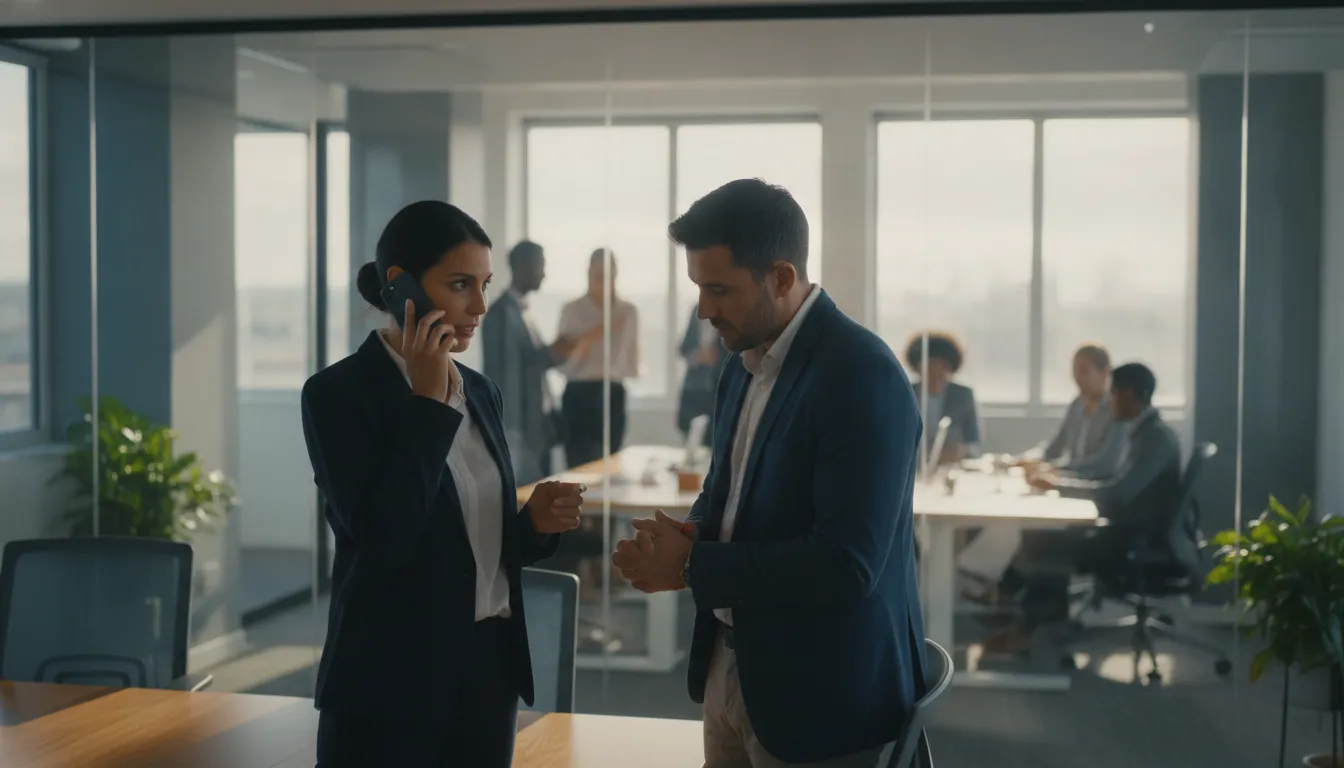 Employee pausing to verify a suspicious message with a security colleague