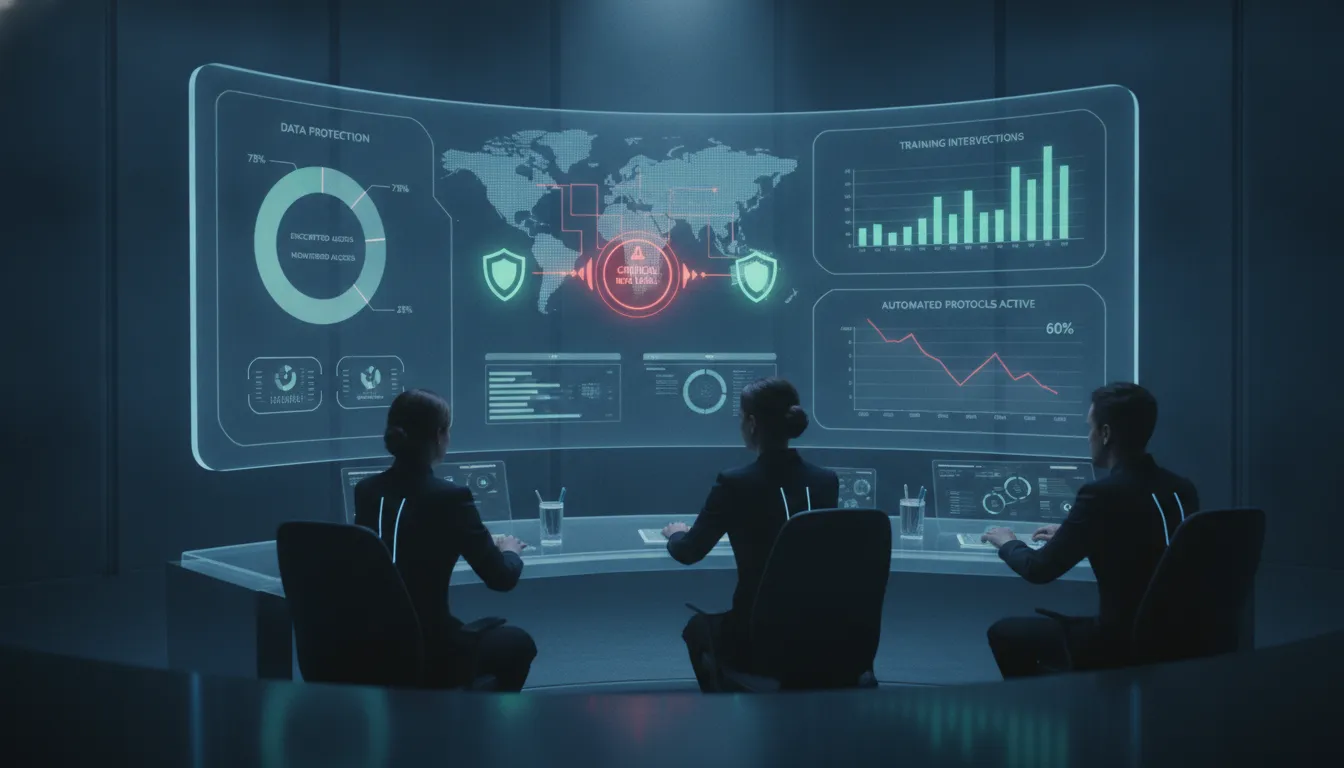 Enterprise security dashboard showing risk indicators, training interventions, and data loss prevention metrics