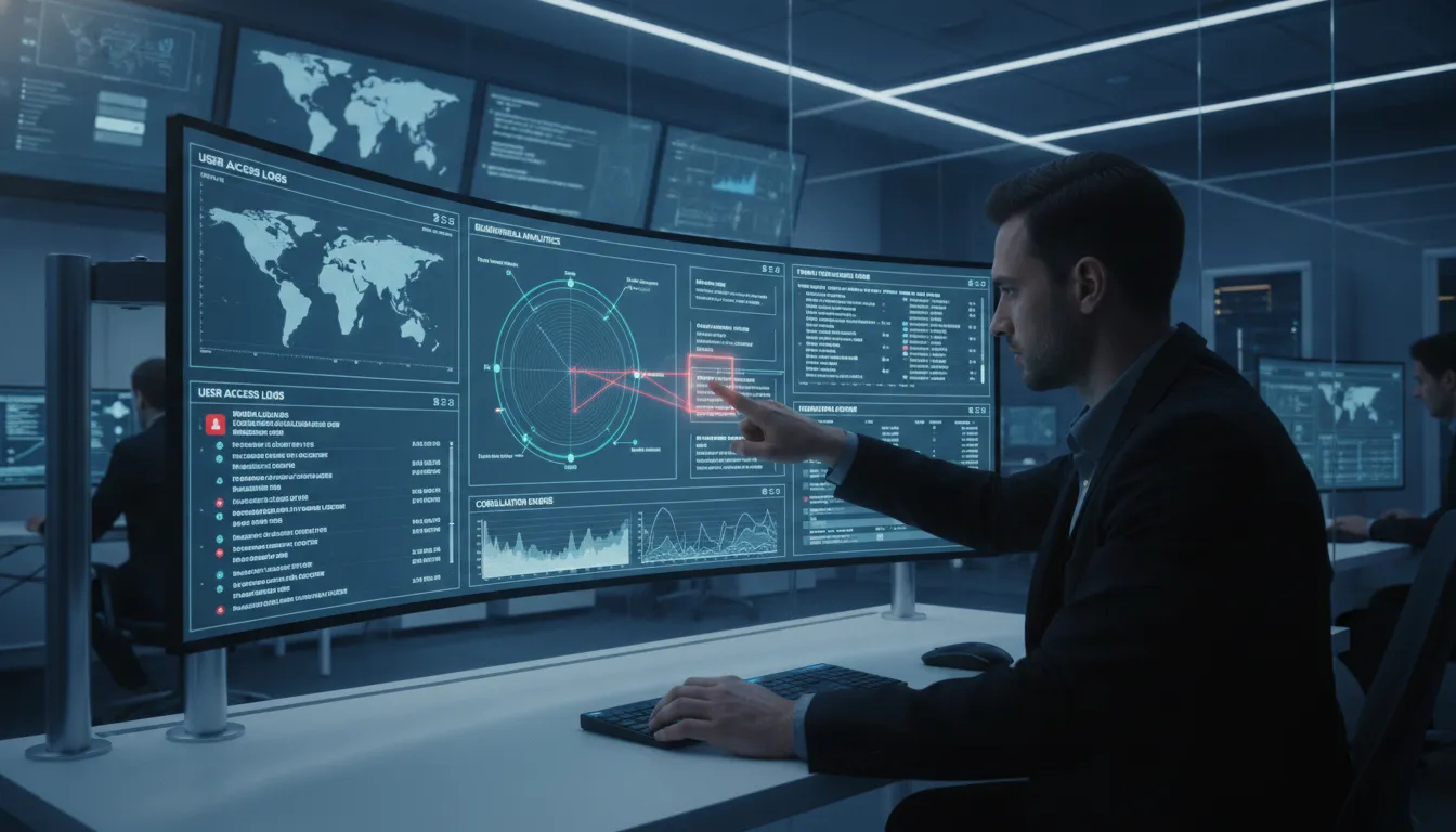 Security analyst reviewing a dashboard that correlates identity access, user behavior, and threat signals in a modern security operations center