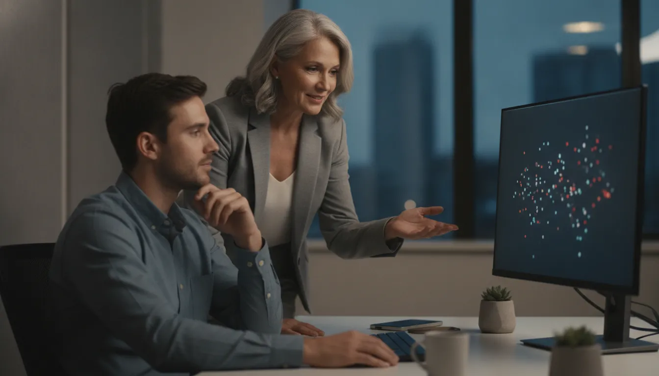 Security leadership coaching an employee on secure behavior at their desk, with abstract signal lights in the background