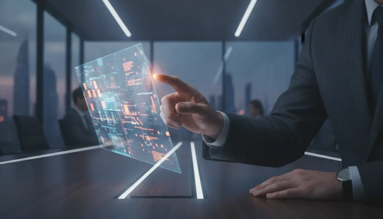 Executive pointing at a risk visualization in a modern boardroom