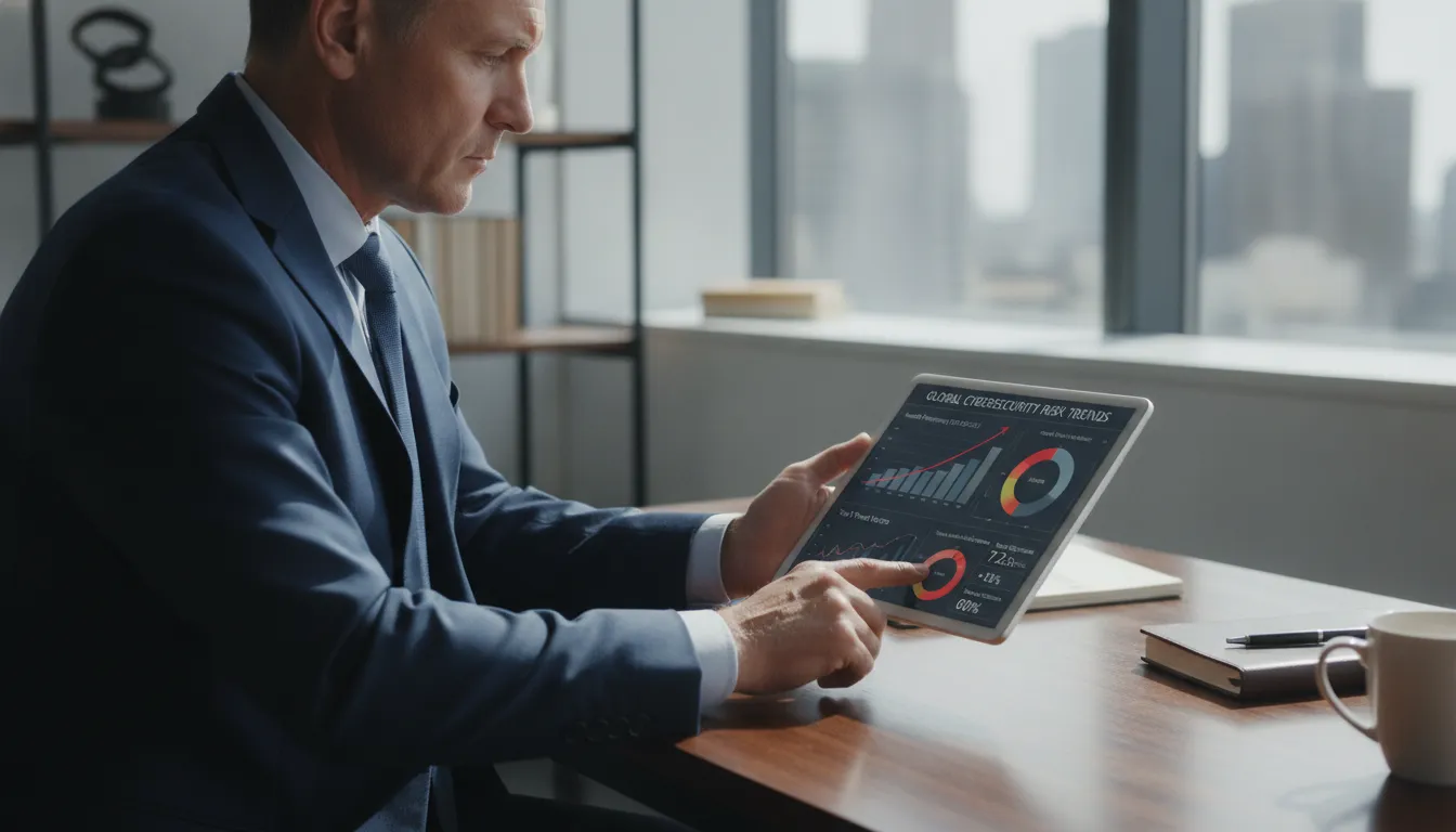 An executive reviewing cybersecurity risk indicators and predictive intelligence reports on a tablet