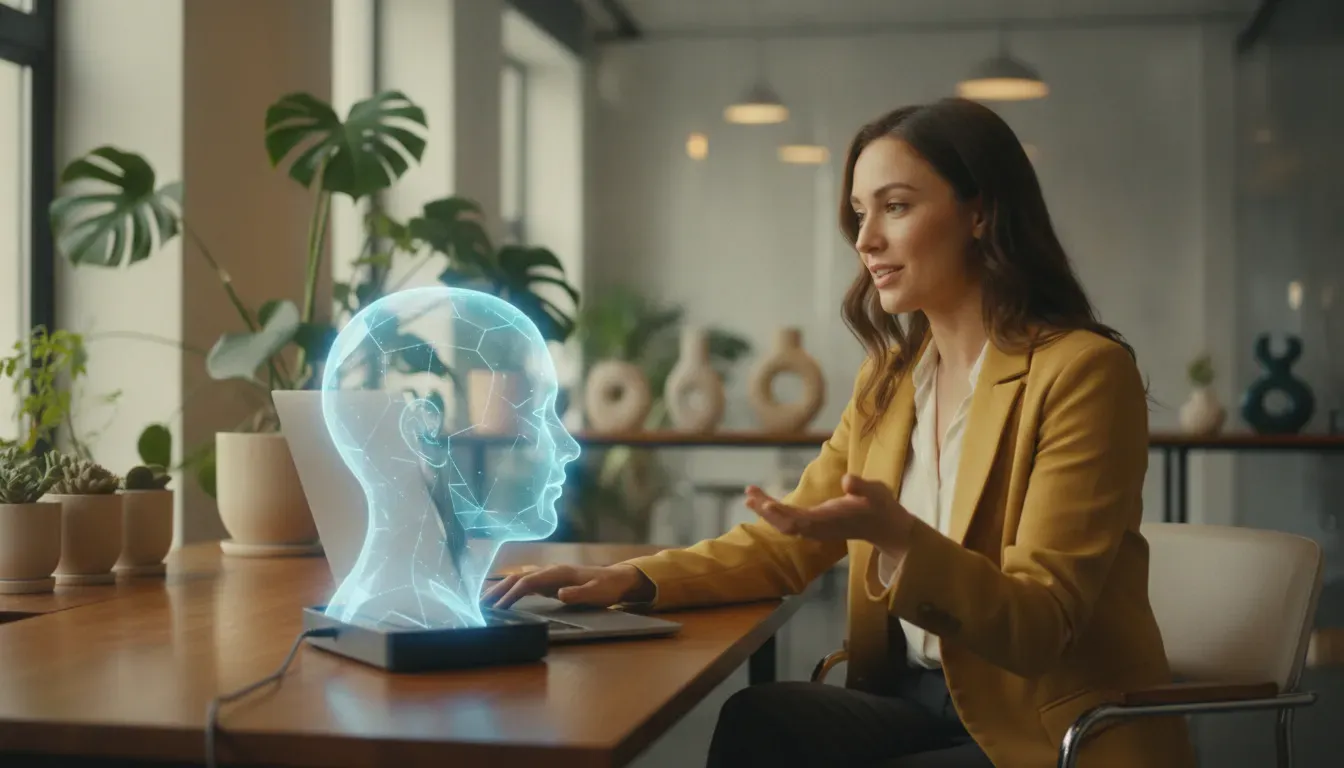 Security analyst having a conversation with an AI assistant on a laptop