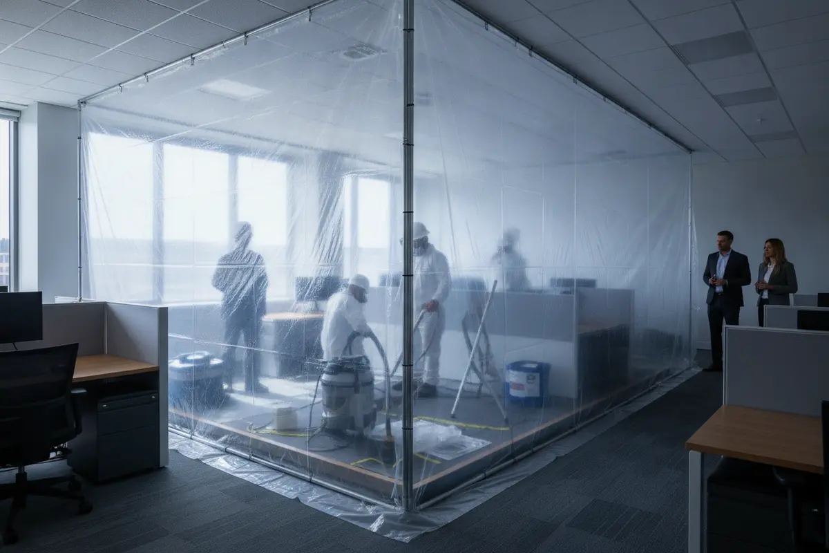 Contained remediation work area in a commercial office with nearby workspaces protected