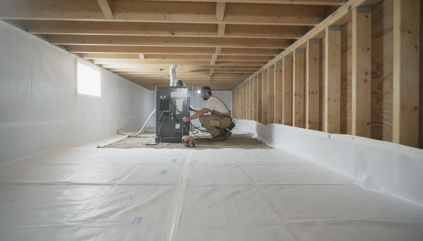 Technician using a dehumidifier to control moisture during crawl space mold remediation