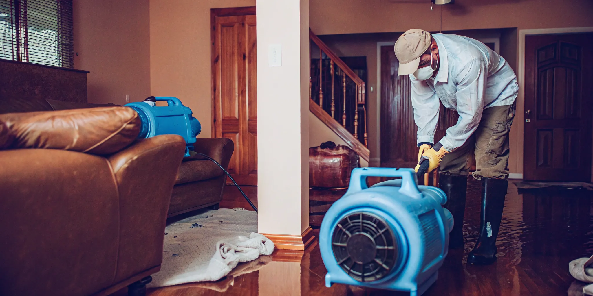 Water damage restoration technician setting up industrial air movers and dehumidifiers to dry a flooded living room