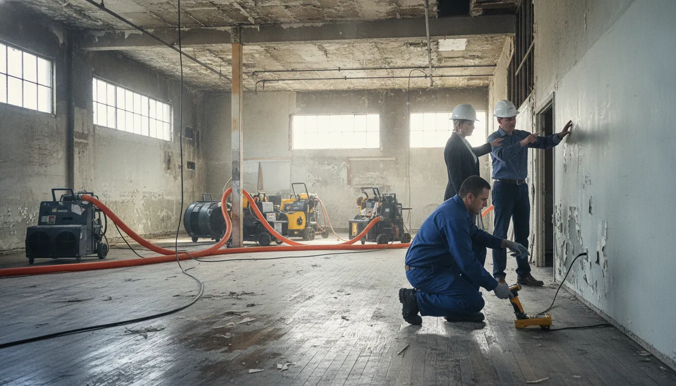 Restoration crew documenting moisture damage in a commercial building