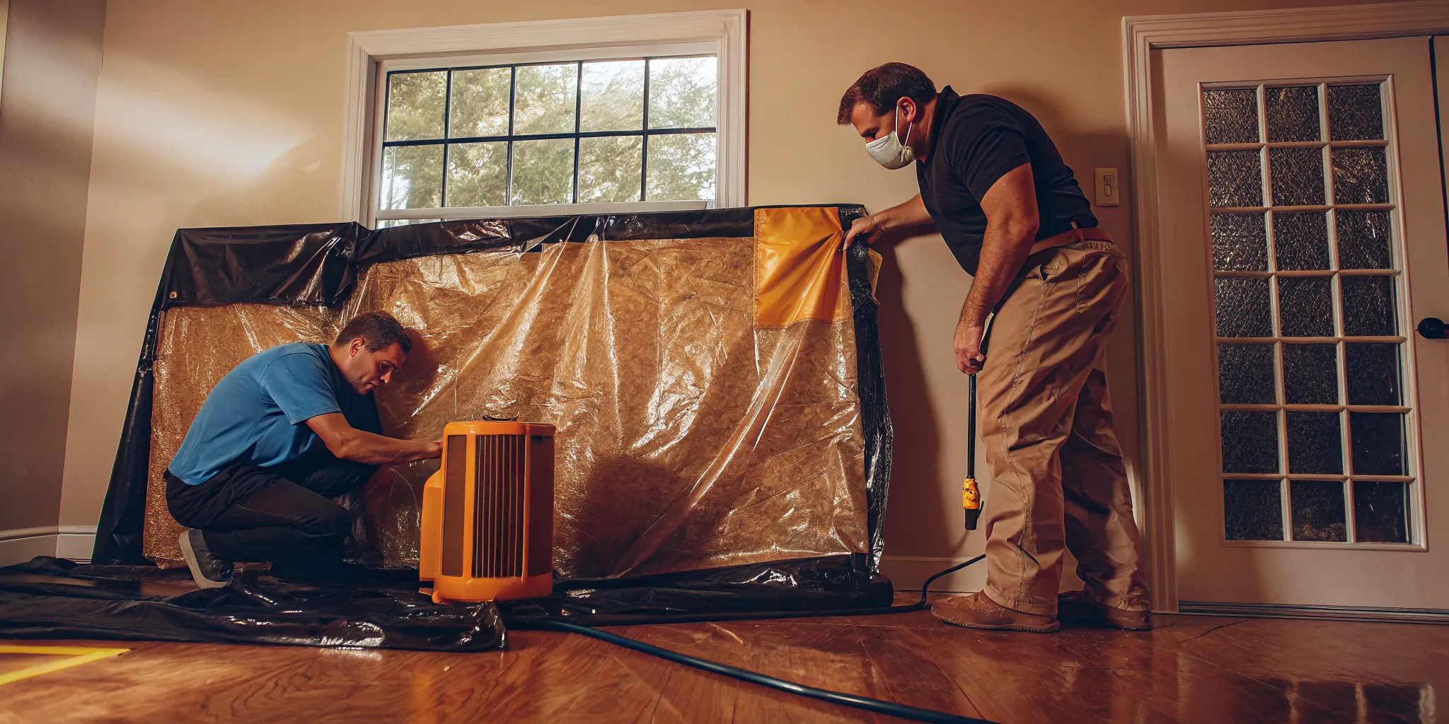 Professional mold containment setup with plastic sheeting barriers and negative air machine in a residential room