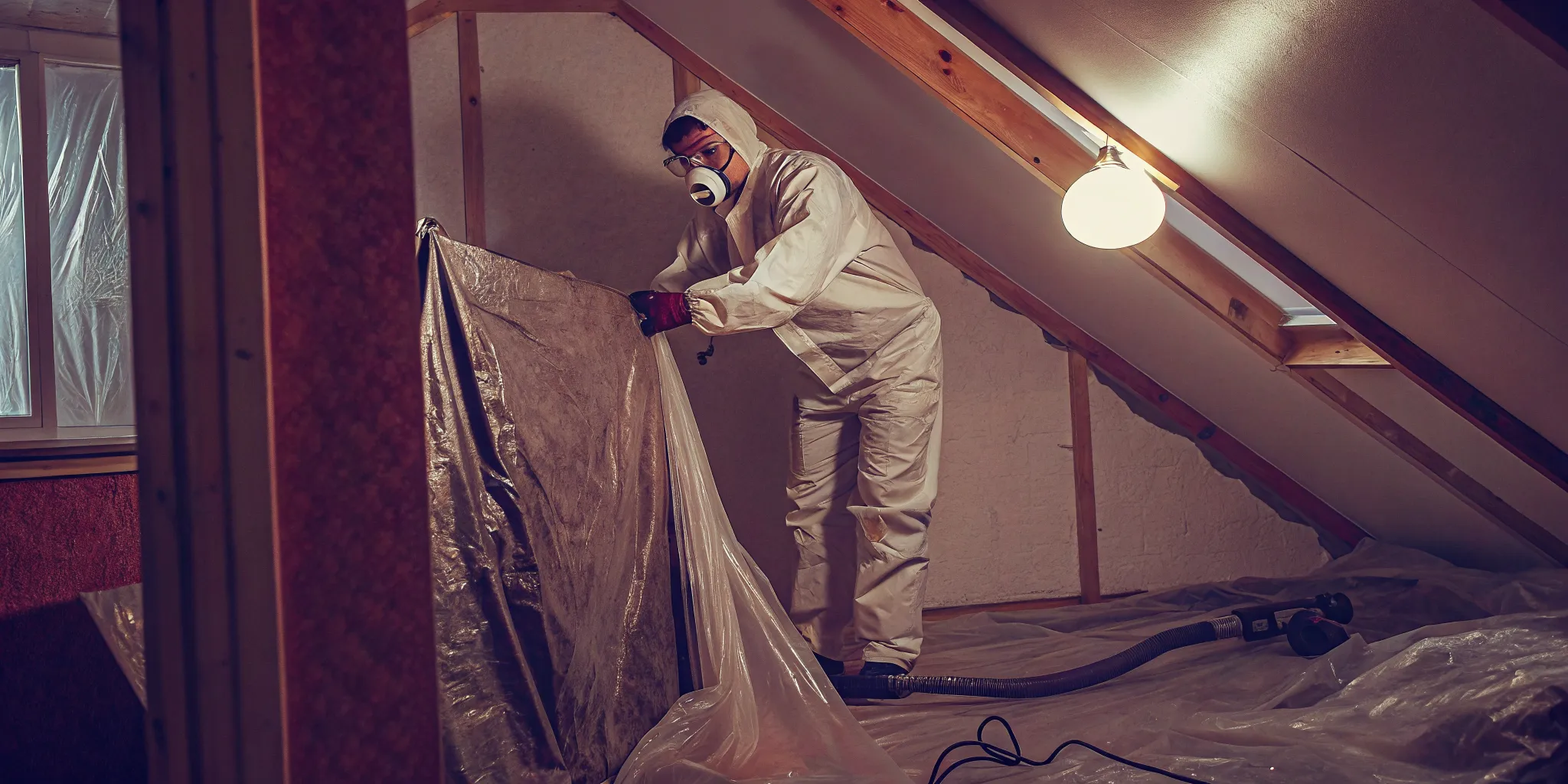 Mold remediation technician setting up plastic sheeting containment and HEPA air scrubber in a residential attic during professional mold removal