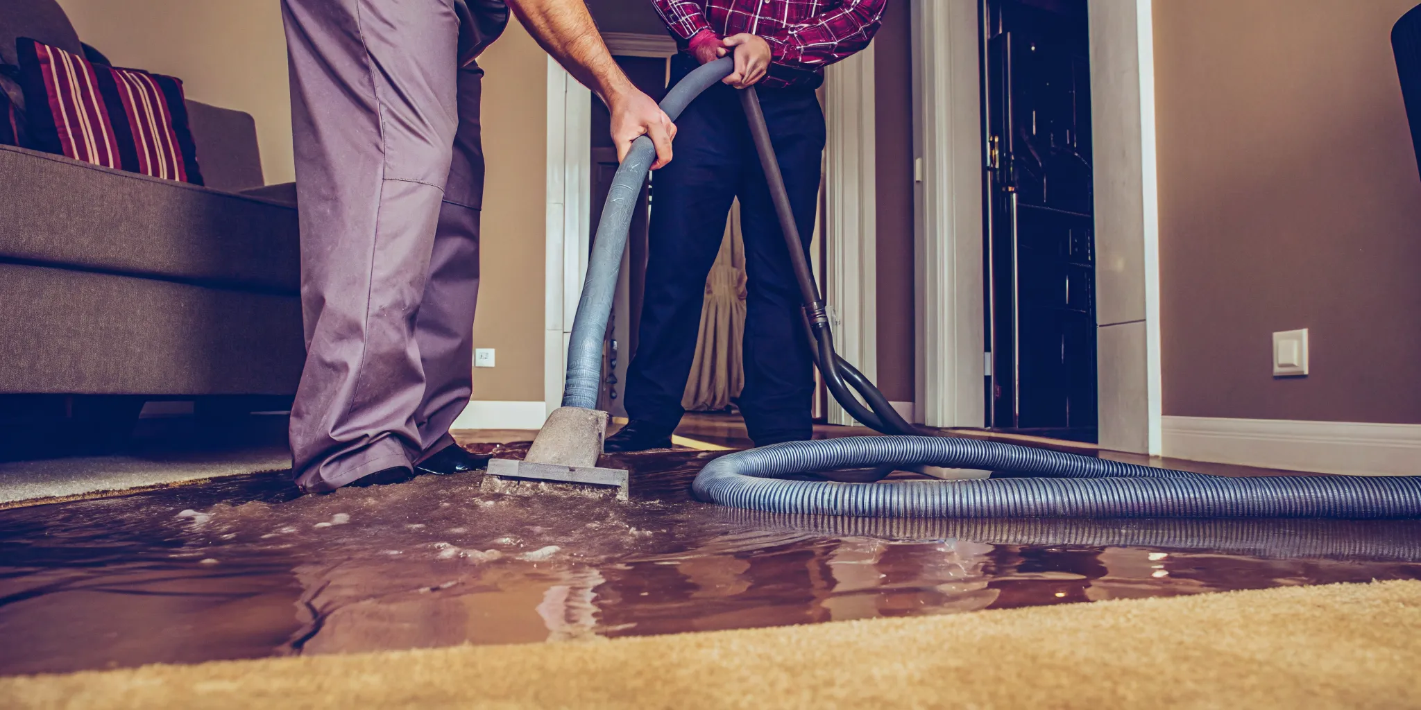 Professional 911 Restoration technician extracting standing water from flooded home in Bakersfield