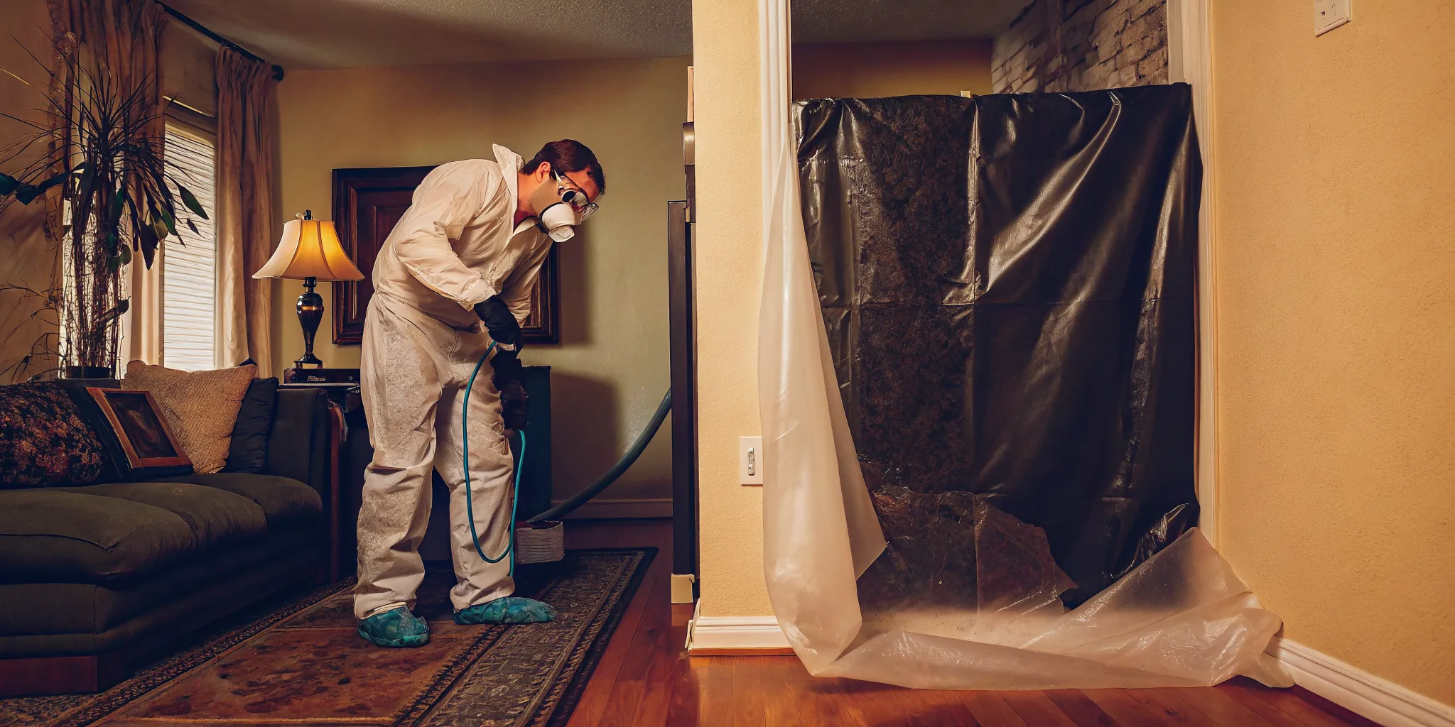 Mold remediation technician using a moisture meter to inspect a wall inside a residential containment area
