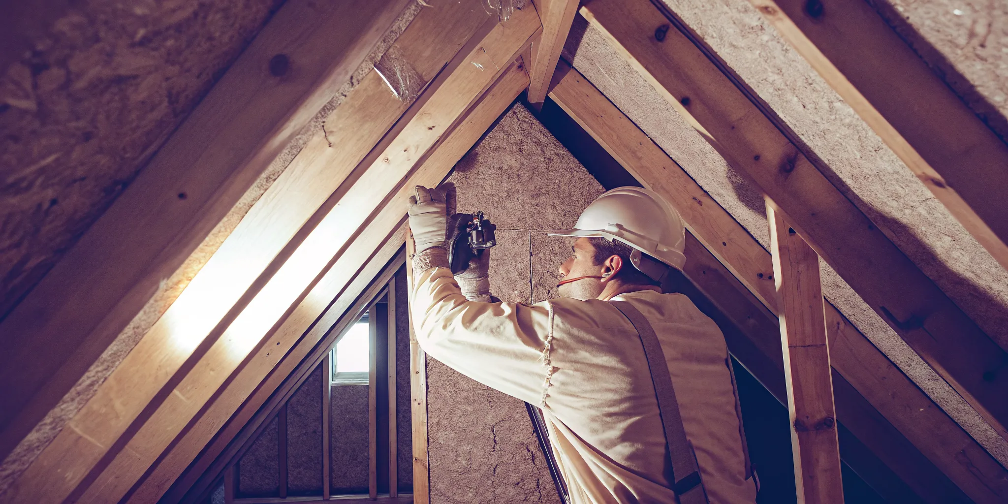 Mold remediation technician using thermal imaging camera and moisture meter to inspect attic roof sheathing for hidden moisture
