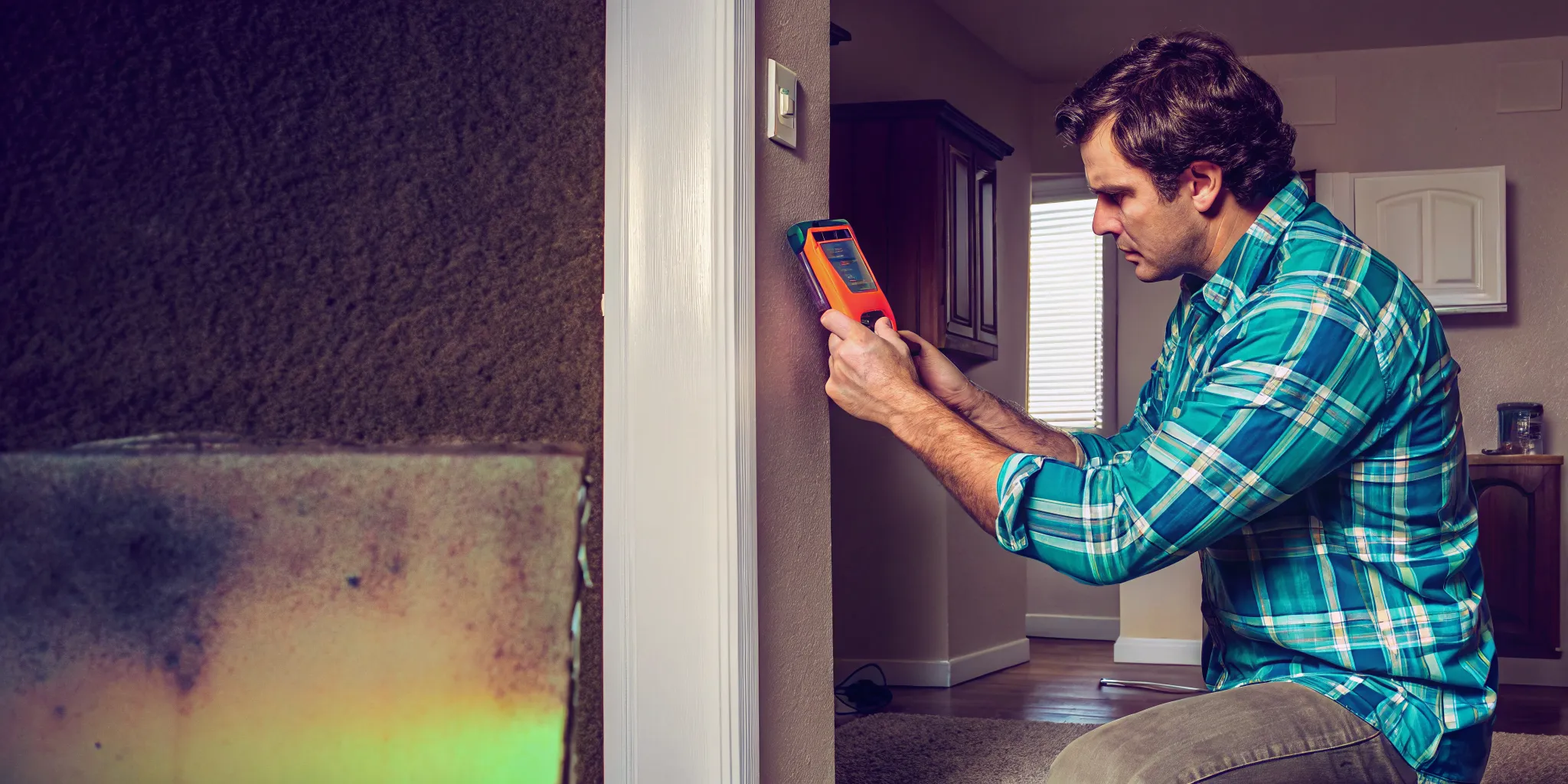 Mold inspection technician using moisture meter to check for hidden dampness in a Bakersfield home