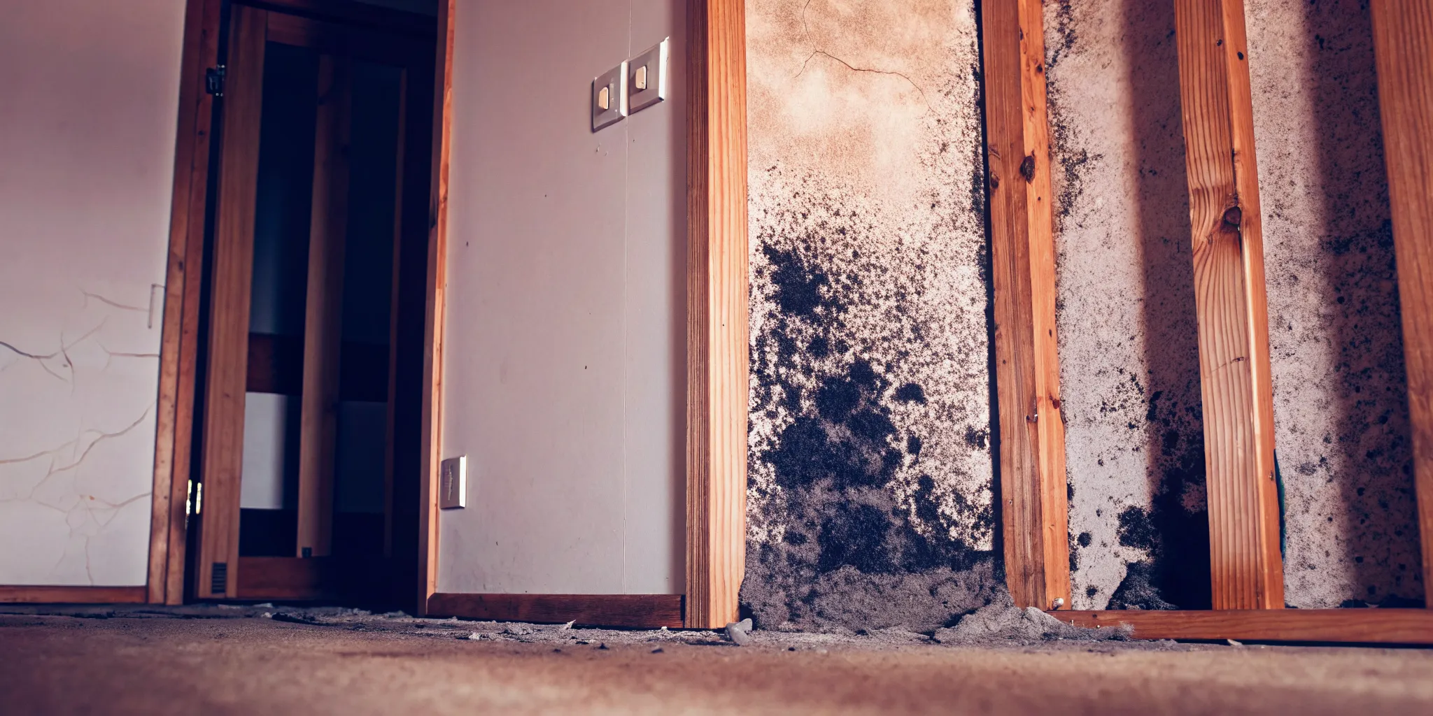 Mold damage on drywall and wooden wall studs in a residential building