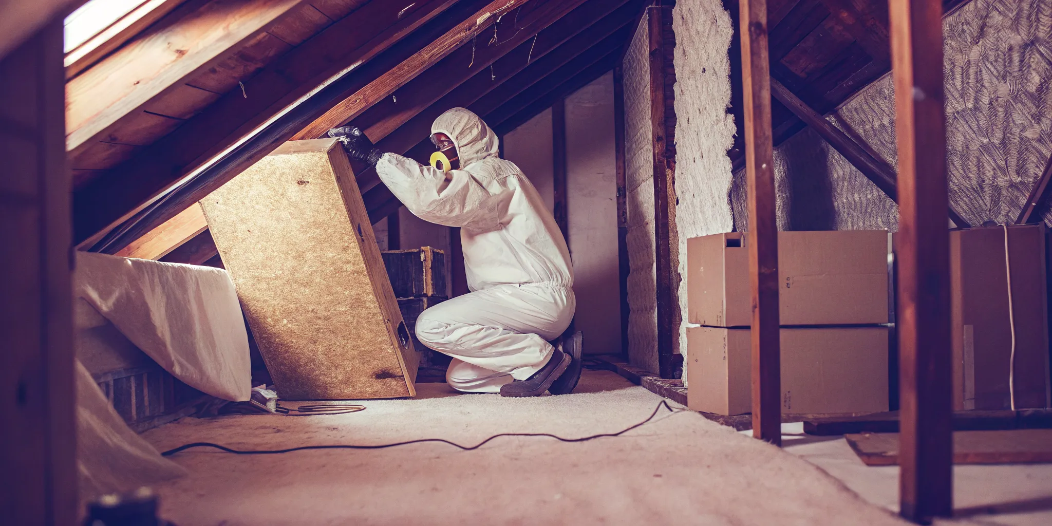 Mold remediation technician using professional drying equipment in a Central Valley home attic